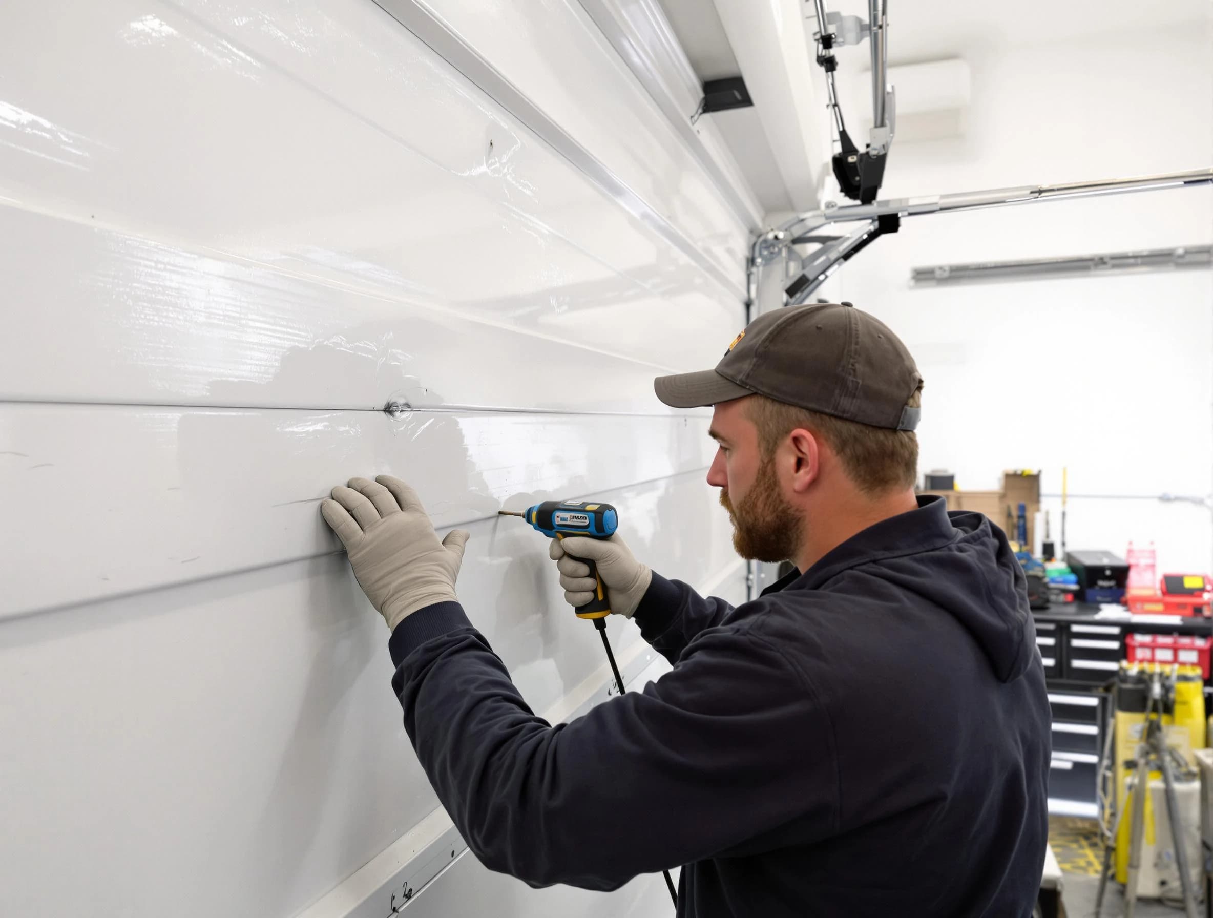 Margaret Garage Door Repair technician demonstrating precision dent removal techniques on a Margaret garage door